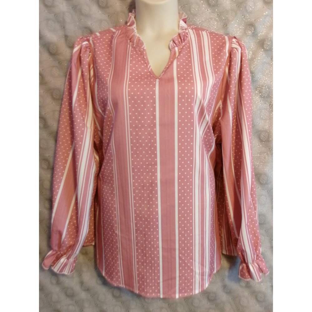 Pink White Striped Polka Dot Ruffle Neck Blouse Long Sleeve Top 4XL
